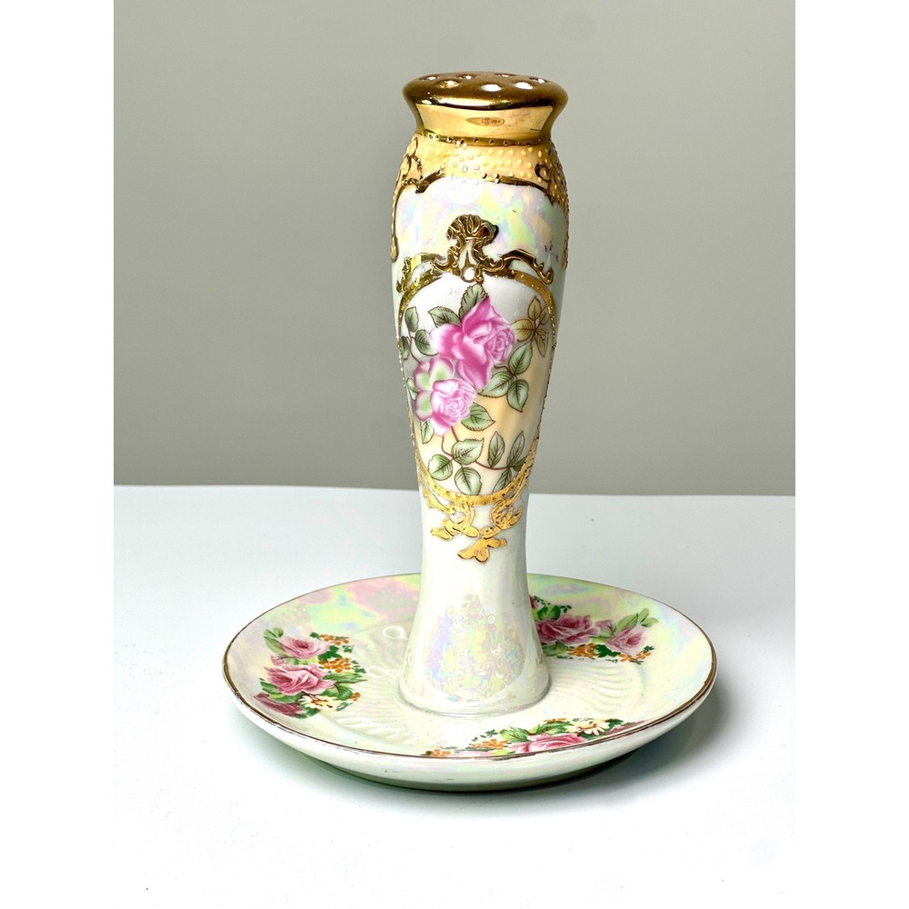 Antique 1890s Limoges Lusterware Moriage Hat Pin Holder Pink Roses Gold Gilt